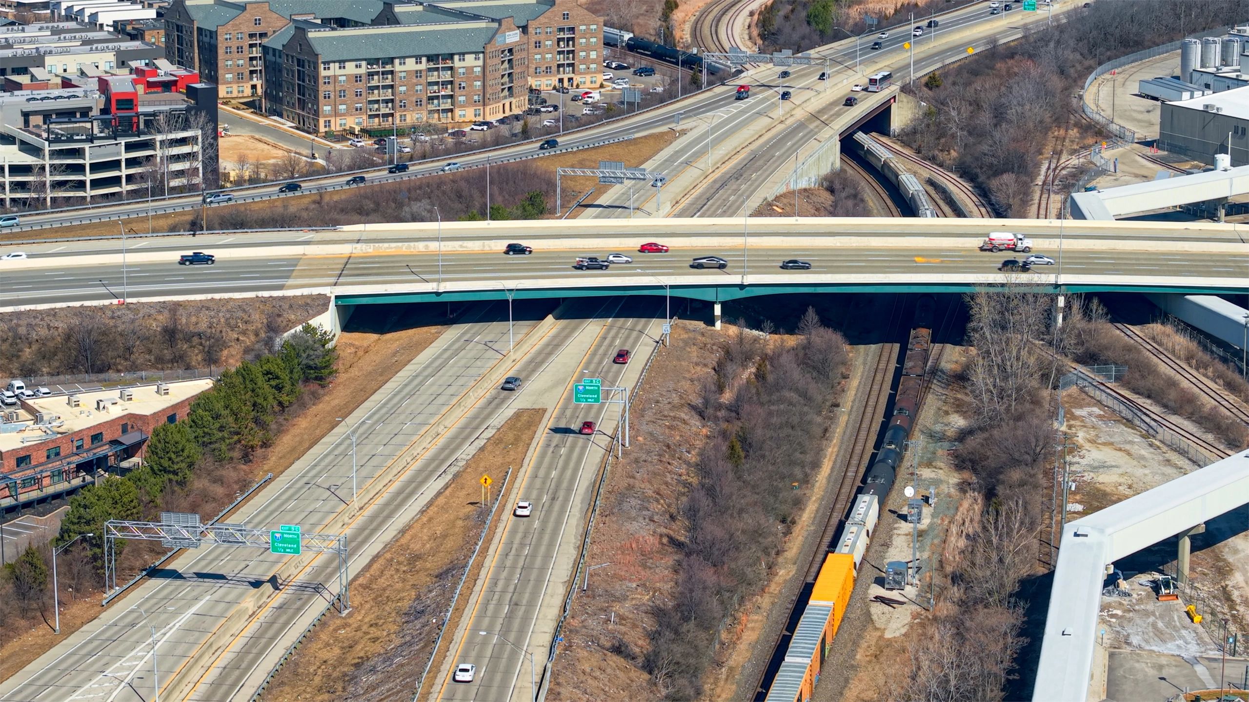 Commercial construction site with rail infrastructure and no people visible